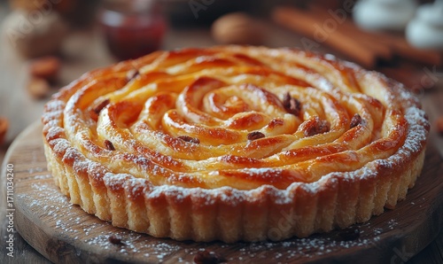 A beautiful, golden-brown tart, adorned with a delicate, sugared rose pattern and scattered nuts
