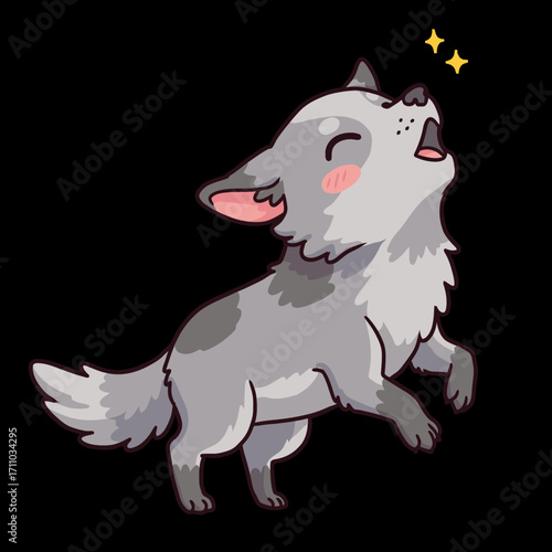 Adorable gray wolf cub howling at twinkling stars, cartoon animal mascot illustration perfect for children's books and fun educational designs