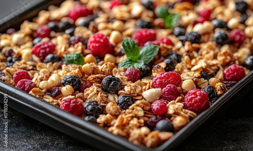 Close-up of homemade granola with berries and nuts