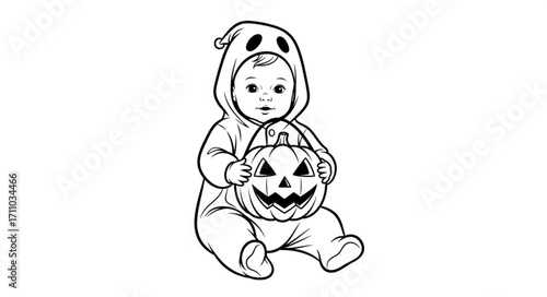 Adorable baby dressed as a cute ghost holding a carved pumpkin for Halloween