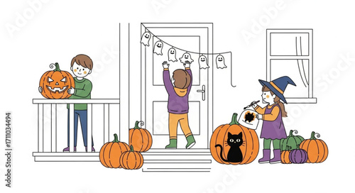 Children happily decorating a house for Halloween with pumpkins and ghost garlands.