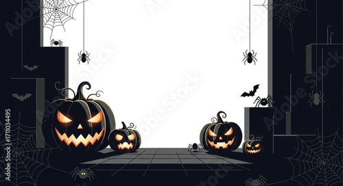 Spooky Halloween pumpkins with glowing eyes and cobwebs creating a festive and eerie atmosphere.