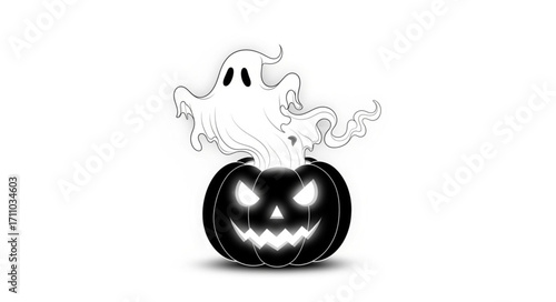Spooky ghost emerging from a glowing jack-o'-lantern on white background