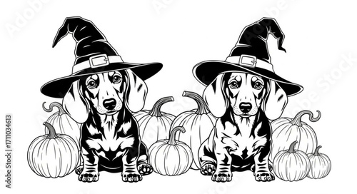 Two adorable dachshunds in witch hats sit among pumpkins, celebrating Halloween with festive charm.
