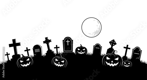 Spooky Halloween graveyard with carved pumpkins and full moon under a dark sky.