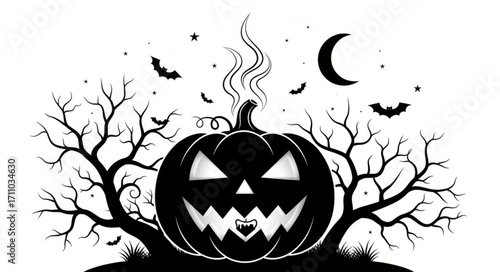 Spooky Halloween pumpkin with glowing eyes under a crescent moon and bats