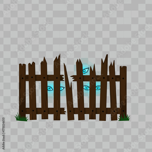 Spooky eyes peering through a broken fence, creating a sense of mystery and intrigue, perfect for Halloween or horror themes, a ghostly encounter
