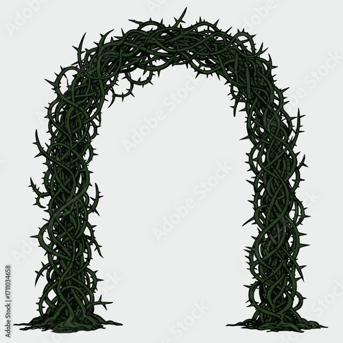 Intricate archway made of thorny vines in dramatic dark green tones, perfect for fantasy themes or nature-inspired designs, originally a scalable graphic