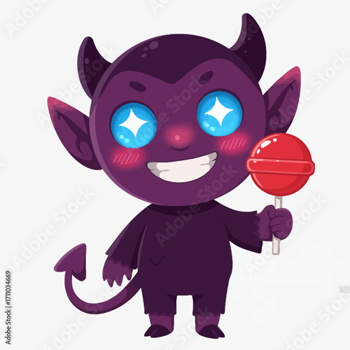 Whimsical cartoon devil character holding a red lollipop, perfect for Halloween party invitations and festive holiday designs, originally a vector graphic