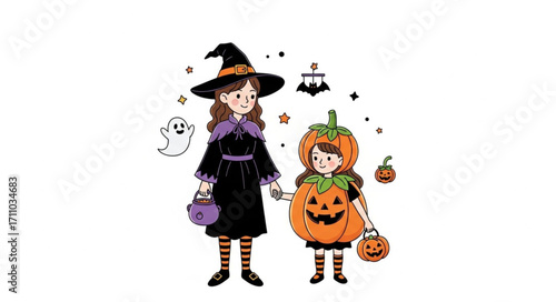 Two cheerful children in Halloween costumes, a witch and a pumpkin, holding hands and ready for trick-or-treating.