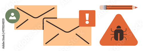 Envelopes, exclamation mark, and bug within a triangle warn of email issues. Ideal for cybersecurity, email safety, phishing awareness, spam prevention, malware risk, online security IT support