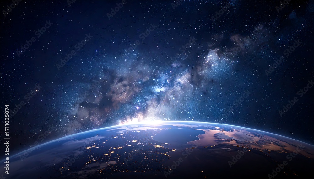 Obraz premium A vibrant depiction of Earth against the backdrop of the Milky Way galaxy. The planet's illuminated side contrasts the star-filled darkness