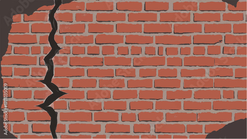 Brick wall background with a large crack. Cracked Brick wall. Damaged Wall Background. Vector illustration.  