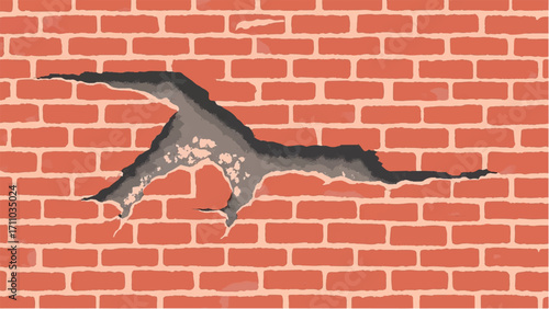 Brick wall background with a large crack. Cracked Brick wall. Damaged Wall Background. Vector illustration.  