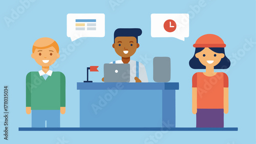 Friendly Customer Service Show a customer service desk with a kiosk offering multilingual assistance where diverse travelers are receiving help.