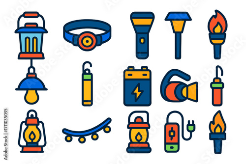 Camping Lighting Icons. Flat vector icons of lighting for camping: LED lantern, headlamp, torch flashlight, solar light, hanging