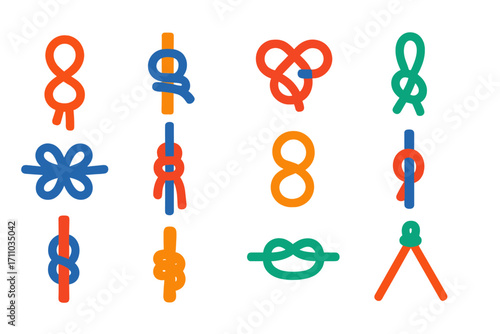 Climbing Knots Icons. Flat vector icons of climbing knots: figure eight knot, clove hitch, double fisherman’s, bowline knot,