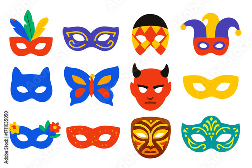Carnival Mask Icons. Flat vector icons of carnival masks: feathered mask, Venetian mask, harlequin mask, jester mask, cat mask,