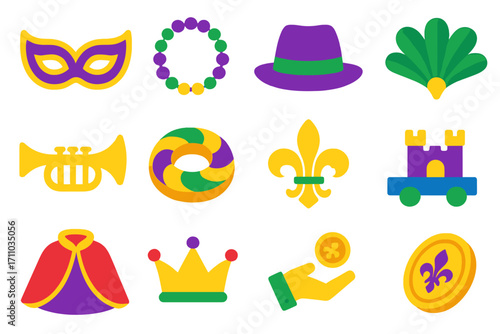 Mardi Gras Icon Set. Flat vector icons of Mardi Gras carnival: Mardi Gras mask, beads necklace, purple hat, green feather fan,