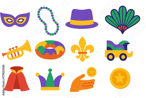 Mardi Gras Icon Set. Flat vector icons of Mardi Gras carnival: Mardi Gras mask, beads necklace, purple hat, green feather fan,