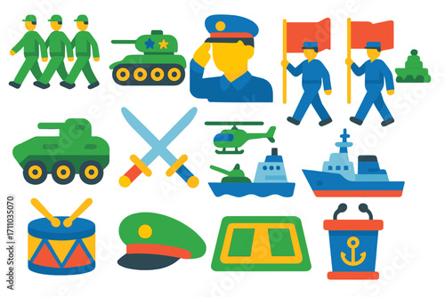 Military Parade Icons. Flat vector icons of military parades: marching soldiers, decorated tank, saluting officer, flag bearers,