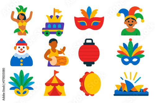 Carnival Icons Collection. Flat vector icons of international carnivals: Rio dancer, New Orleans float, Venice mask, Notting Hill