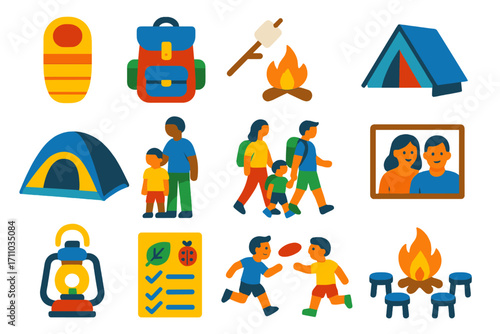 Family Camping Icons. Flat vector icons of family camping: kids sleeping bag, child-size backpack, marshmallow roasting, kids tent
