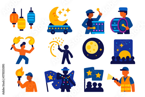 Night Parade Icons. Flat vector icons of nighttime parades: glowing lanterns, lit floats, LED drums, night fire dancers, sparkler