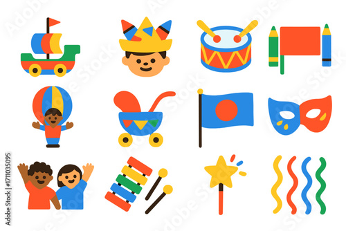 Children's Parade Icons. Flat vector icons of children’s parades: mini floats, handmade hats, painted drums, crayon banners,