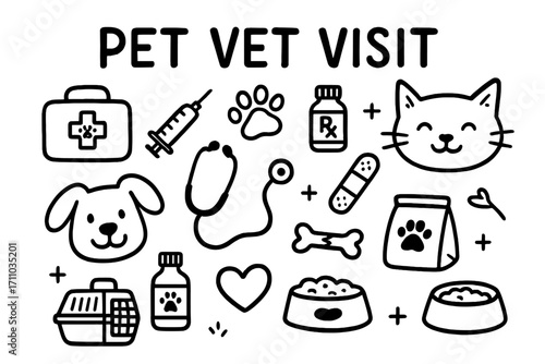 Pet Vet Icons. Pet vet visit doodle set: hand drawn icons for checkups, vaccinations, and care routines, isolated transparent