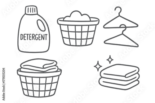 Laundry Room Icons. Laundry room doodle set: hand drawn icons for detergent, baskets, hangers, and clean towels, isolated