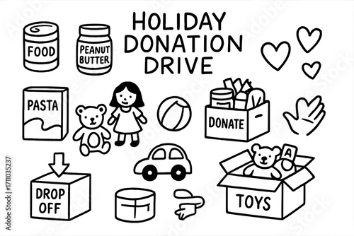 Holiday Donation Doodles. Holiday donation drive doodle set: hand drawn icons for food items, toys, drop-offs, and giving hearts,