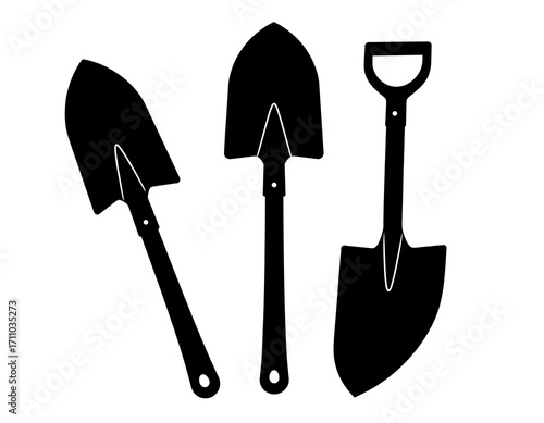 Three black silhouettes of shovels, displayed against a plain white background, showcase a simple yet powerful image of gardening tools.