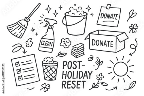 New Year Cleanse. Post-holiday reset doodle set: hand drawn icons for cleaning, decluttering, and fresh starts, isolated