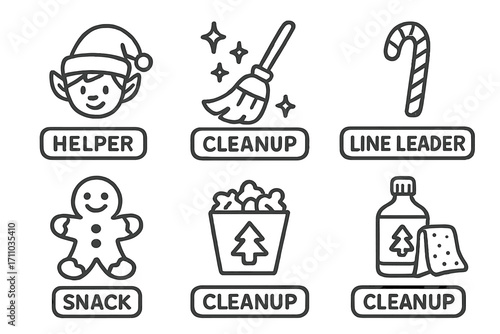 Classroom Job Chart Doodles. Holiday classroom job chart doodle set: hand drawn icons for helper badges, cleanup icons, line