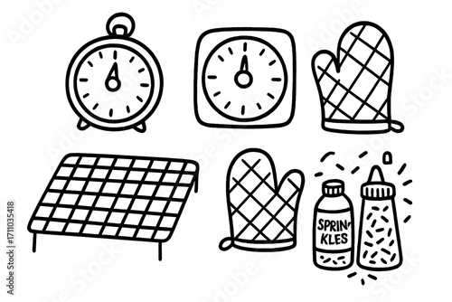 Holiday Baking Doodle Set. Holiday baking day supplies doodle set: hand drawn icons for timers, cooling racks, oven mitts, and