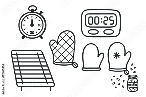 Holiday Baking Doodle Set. Holiday baking day supplies doodle set: hand drawn icons for timers, cooling racks, oven mitts, and