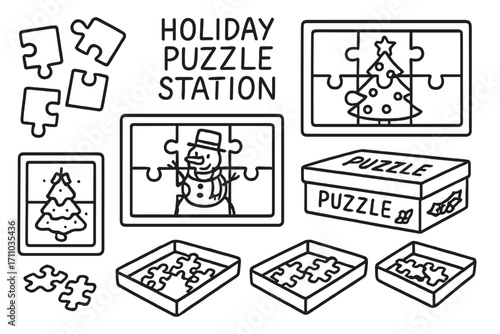 Holiday Puzzle Doodle. Holiday puzzle station doodle set: hand drawn icons for jigsaw pieces, themed mats, boxes, and corner trays