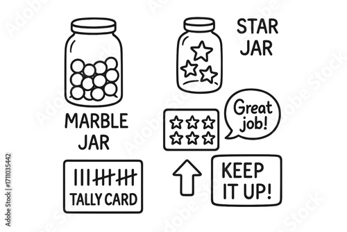 Reward Jar Doodle Set. Printable reward jars doodle set: hand drawn icons for marble jars, star jars, tally cards, and motivation