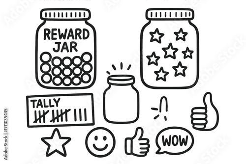 Reward Jar Doodle Set. Printable reward jars doodle set: hand drawn icons for marble jars, star jars, tally cards, and motivation