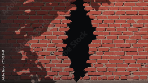 Brick wall background with a large crack. Cracked Brick wall. Damaged Wall Background. Vector illustration.  