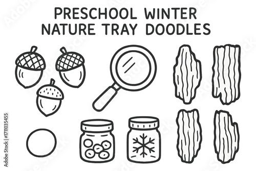 Preschool Nature Tray Icons. Preschool winter nature tray doodle set: hand drawn icons for acorns, magnifiers, tiny jars, and bark
