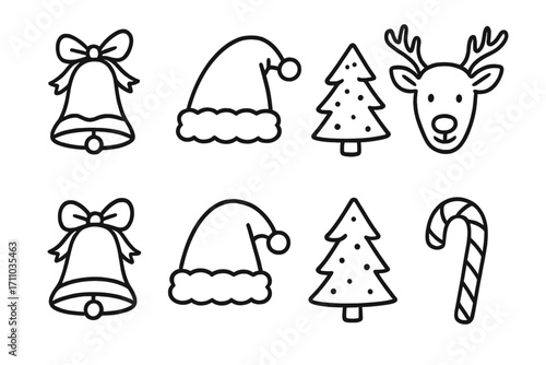 Festive Doodle Set. Holiday memory matching tiles doodle set: hand drawn icons for bells, hats, trees, reindeer, and candy canes,