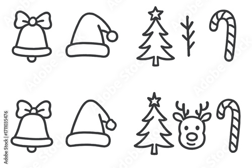 Festive Doodle Set. Holiday memory matching tiles doodle set: hand drawn icons for bells, hats, trees, reindeer, and candy canes,