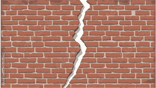 Brick wall background with a large crack. Cracked Brick wall. Damaged Wall Background. Vector illustration.  