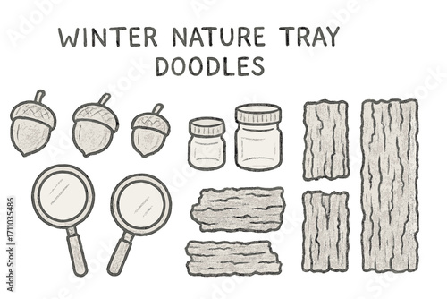 Preschool Nature Tray Icons. Preschool winter nature tray doodle set: hand drawn icons for acorns, magnifiers, tiny jars, and bark