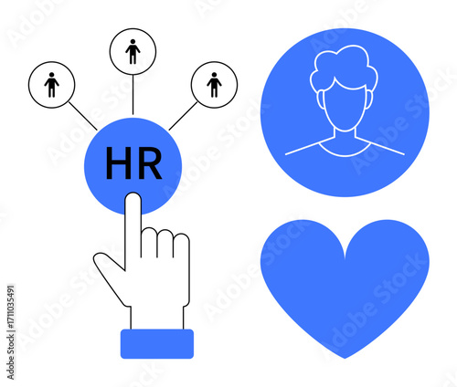 Hand pointing to HR button, connecting employees, with heart and user avatar. Ideal for HR, recruitment, teamwork, employee support, company culture, career growth simple landing page
