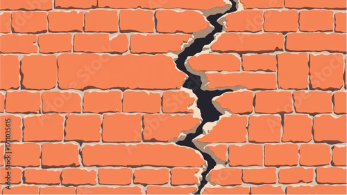 Brick wall background with a large crack. Cracked Brick wall. Damaged Wall Background. Vector illustration.  