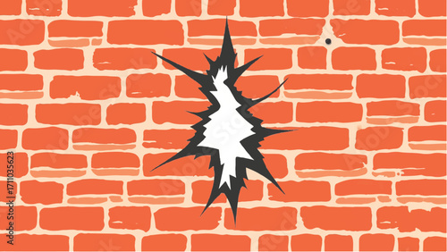 Brick wall background with a large crack. Cracked Brick wall. Damaged Wall Background. Vector illustration.  