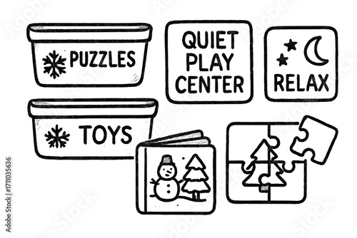 Winter Play Center Icons. Winter quiet play center setup doodle set: hand drawn icons for bins, soft books, puzzles, and relaxing